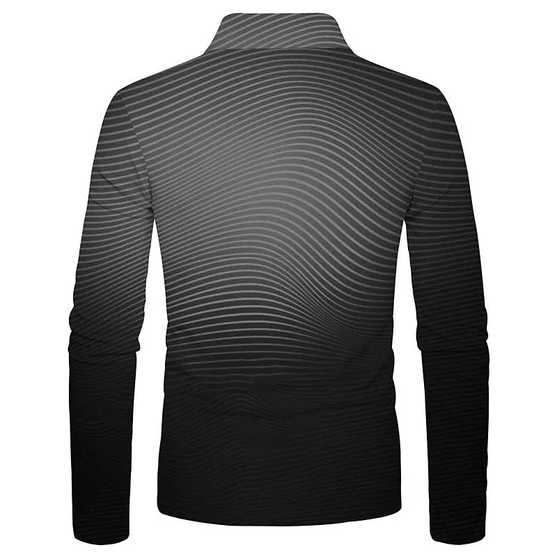 3D Print Men's Collar Polo Shirt with Zipper - Striped Turndown Design