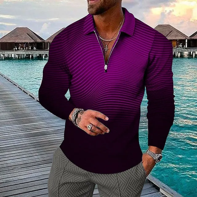 3D Print Men's Collar Polo Shirt with Zipper - Striped Turndown Design