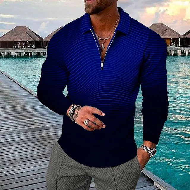3D Print Men's Collar Polo Shirt with Zipper - Striped Turndown Design