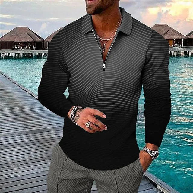 3D Print Men's Collar Polo Shirt with Zipper - Striped Turndown Design