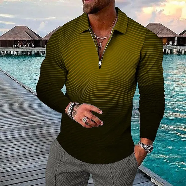 3D Print Men's Collar Polo Shirt with Zipper - Striped Turndown Design