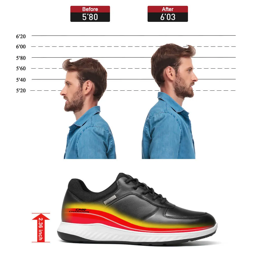 6 CM 2.36 Inches CMR CHAMARIPA Height Increasing Shoes Elevated Casual Black Leather Sneakers - Men's Height Increasing Shoes