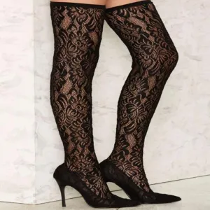 Black Lace High Heel Over knee Sock Boots