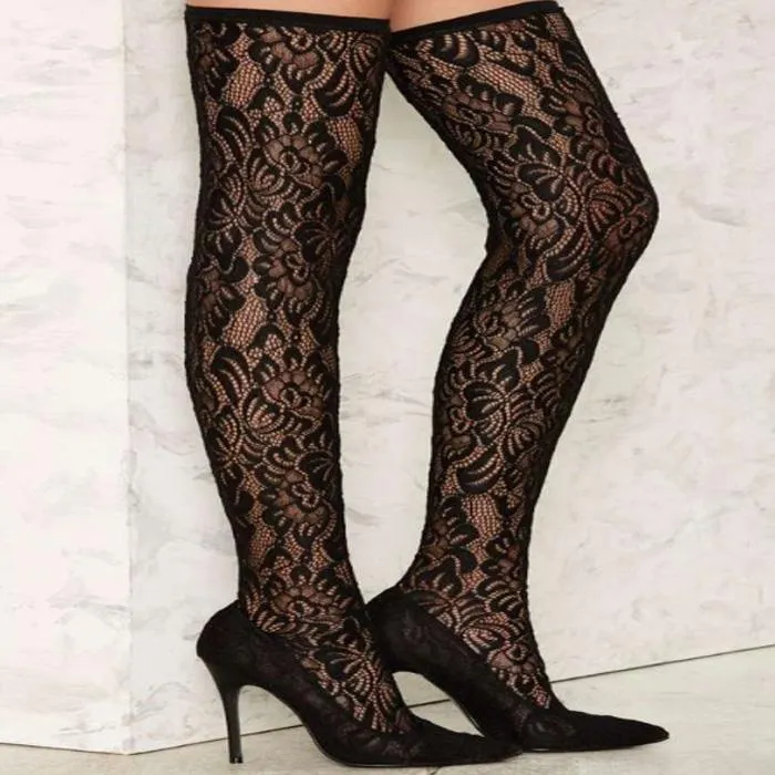 Black Lace High Heel Over knee Sock Boots