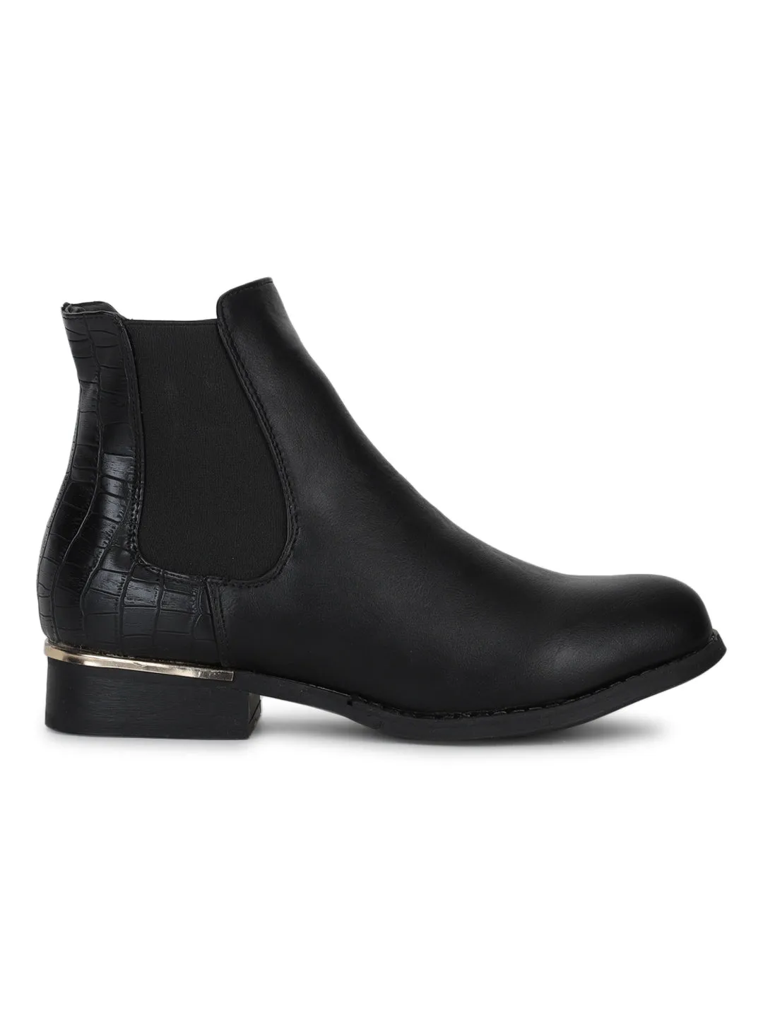 Black PU Chelsea Gold Lining Heel Ankle Boots