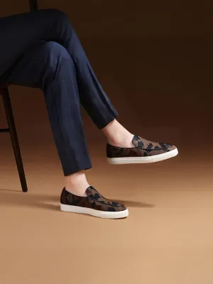 Brown and black camouflage horse hair men's slip-on sports white-soled shoes with leather lining, breathable casual sneakers, large size