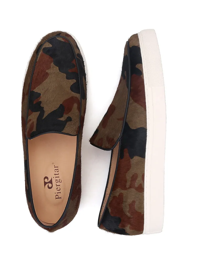 Brown and black camouflage horse hair men's slip-on sports white-soled shoes with leather lining, breathable casual sneakers, large size