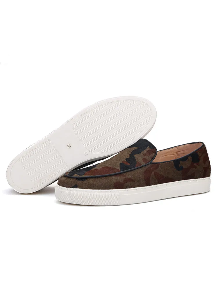 Brown and black camouflage horse hair men's slip-on sports white-soled shoes with leather lining, breathable casual sneakers, large size