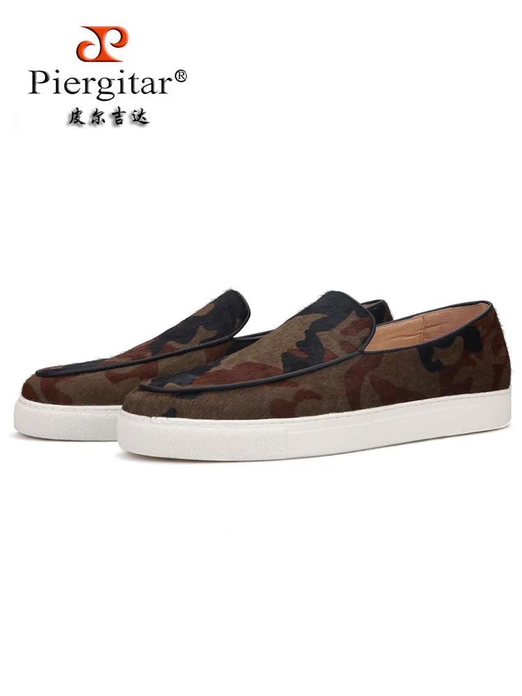 Brown and black camouflage horse hair men's slip-on sports white-soled shoes with leather lining, breathable casual sneakers, large size