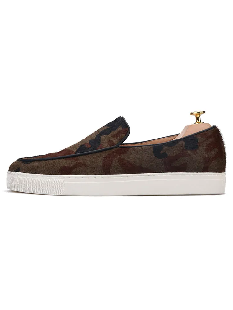 Brown and black camouflage horse hair men's slip-on sports white-soled shoes with leather lining, breathable casual sneakers, large size