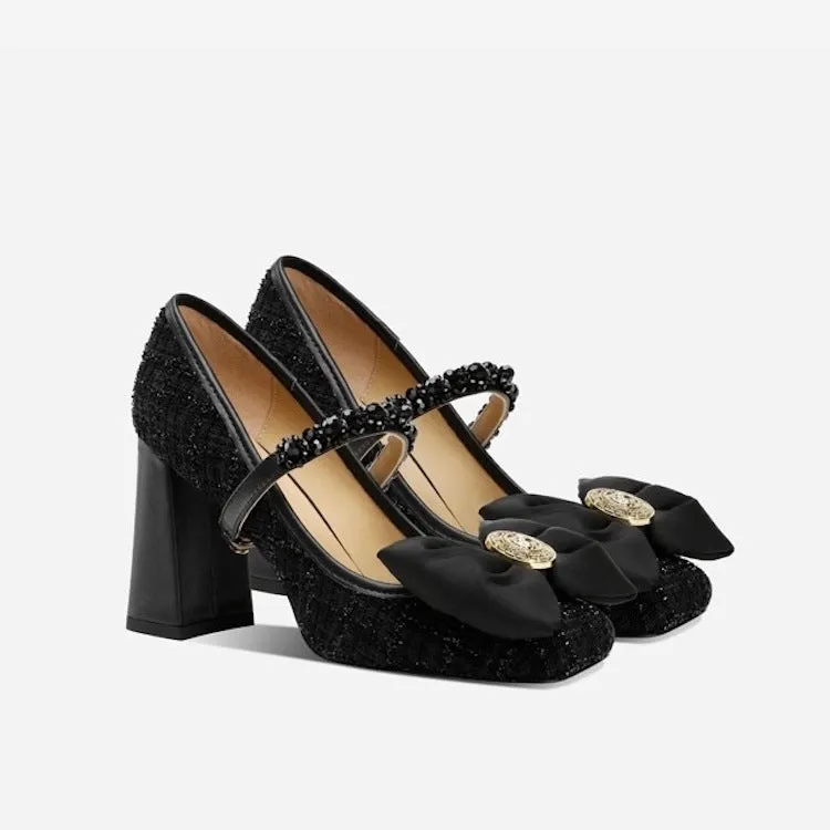 Butterfly Bow French Block Heel Mary Jane High Heels Shoes