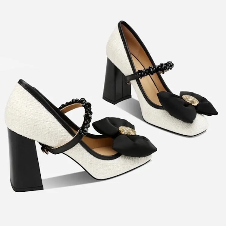 Butterfly Bow French Block Heel Mary Jane High Heels Shoes