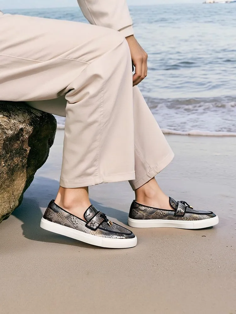 Designer bronze silver concave and convex microfiber leather men's casual sneakers with metal tassels white thick-soled sneakers