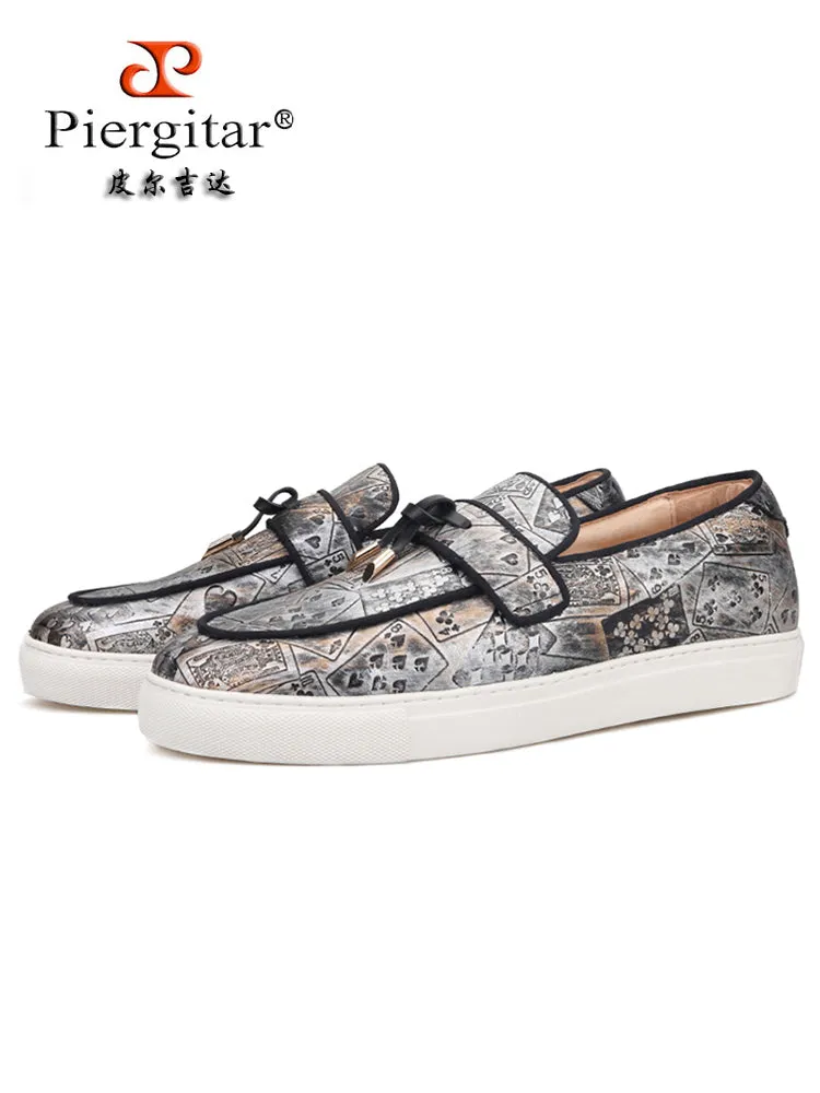 Designer bronze silver concave and convex microfiber leather men's casual sneakers with metal tassels white thick-soled sneakers
