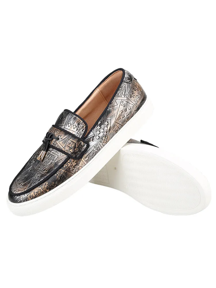 Designer bronze silver concave and convex microfiber leather men's casual sneakers with metal tassels white thick-soled sneakers