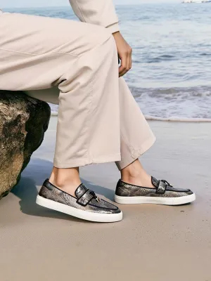 Designer bronze silver concave and convex microfiber leather men's casual sneakers with metal tassels white thick-soled sneakers