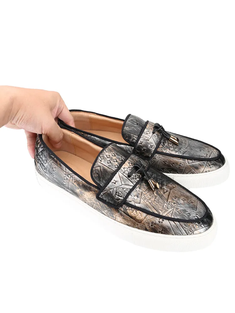 Designer bronze silver concave and convex microfiber leather men's casual sneakers with metal tassels white thick-soled sneakers