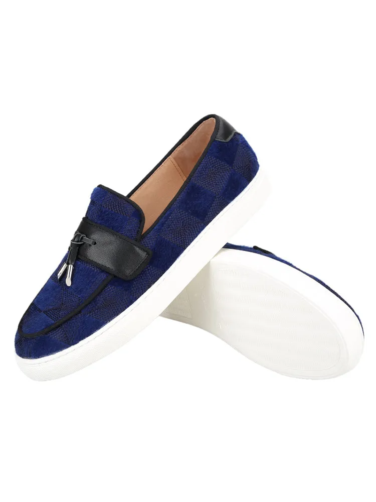European and American style dark blue imported velvet men's white thick-soled sneakers handmade tassel casual loafers