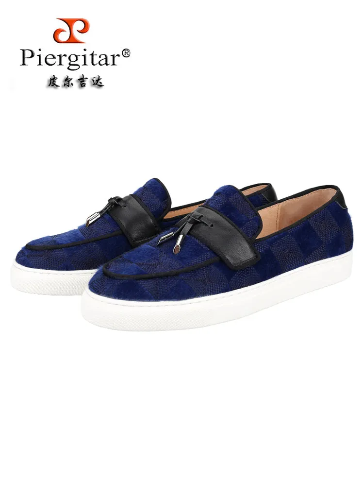 European and American style dark blue imported velvet men's white thick-soled sneakers handmade tassel casual loafers