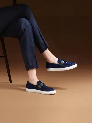 European and American style dark blue imported velvet men's white thick-soled sneakers handmade tassel casual loafers