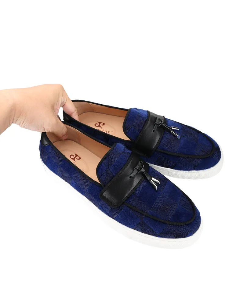 European and American style dark blue imported velvet men's white thick-soled sneakers handmade tassel casual loafers