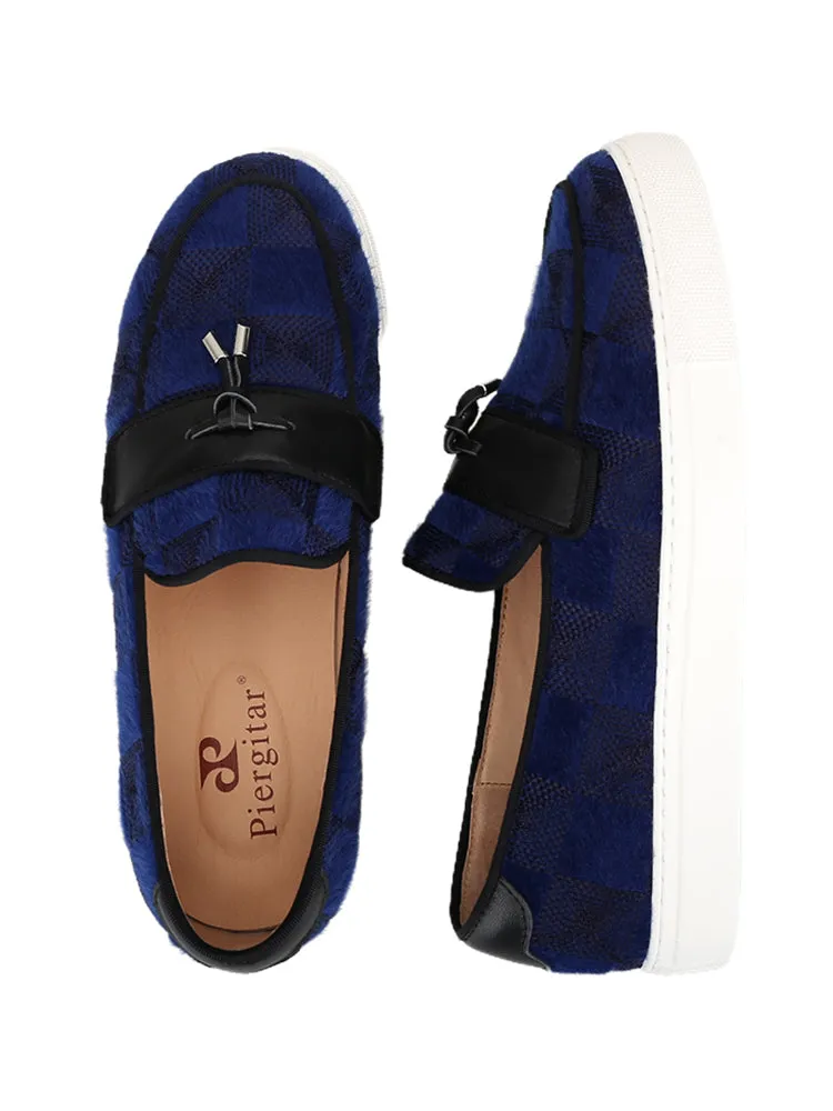 European and American style dark blue imported velvet men's white thick-soled sneakers handmade tassel casual loafers