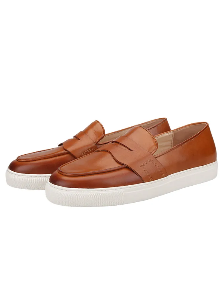 European and American style genuine leather slip-on men's casual sneakers pure imported tire cowhide hand-rubbed white thick-soled shoes for men