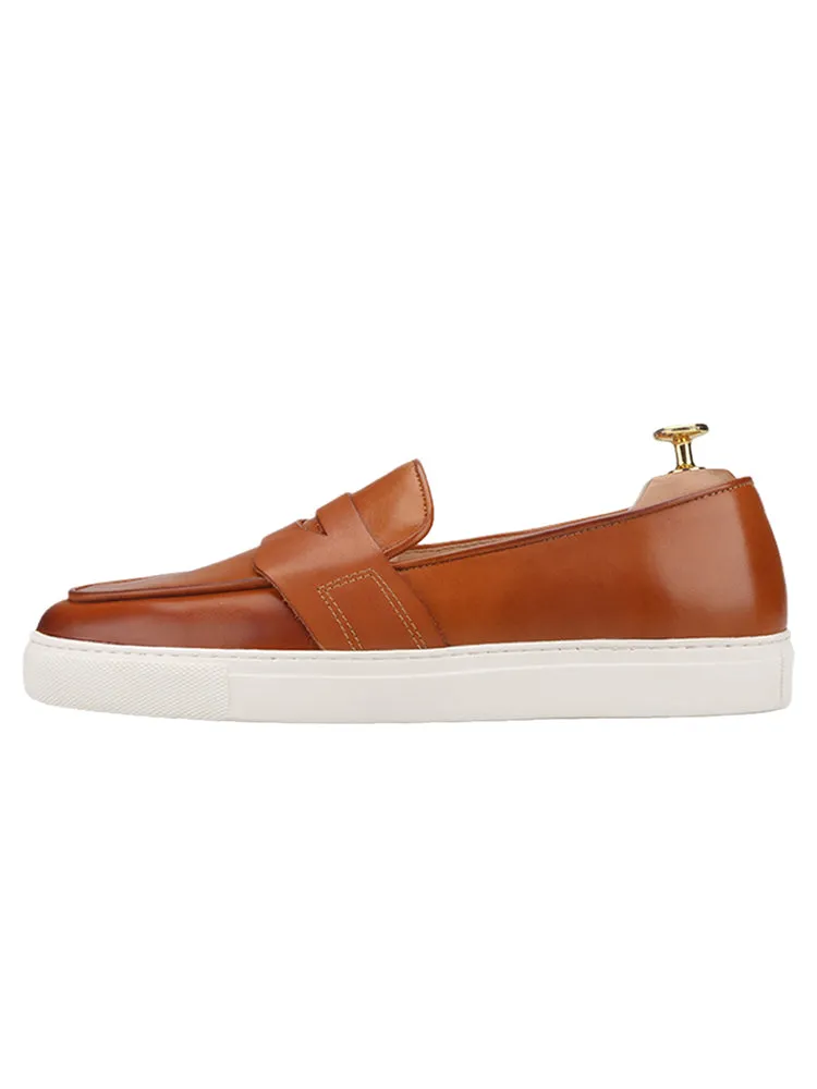 European and American style genuine leather slip-on men's casual sneakers pure imported tire cowhide hand-rubbed white thick-soled shoes for men