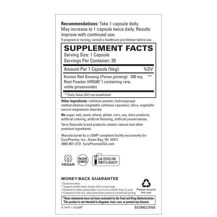 EuroPharma (Terry Naturally) HRG80 Red Ginseng Energy 30 Capsule