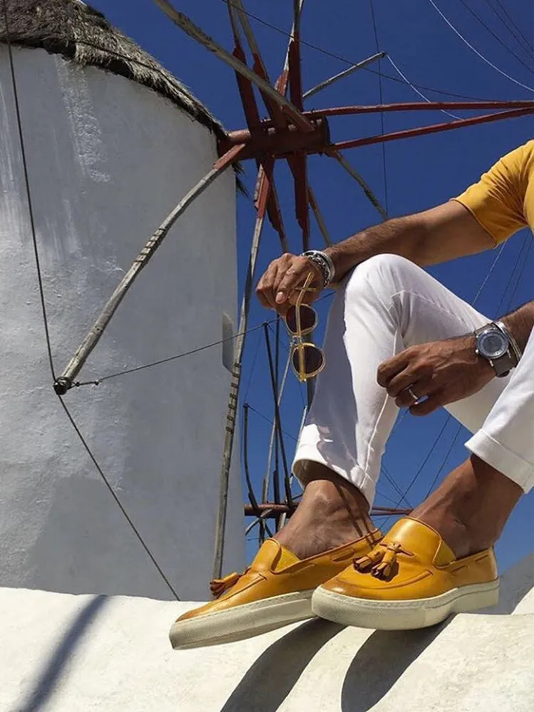 Exported to Italy imported polished cowhide men's white thick-soled sports shoes European and American style tassel casual sneakers