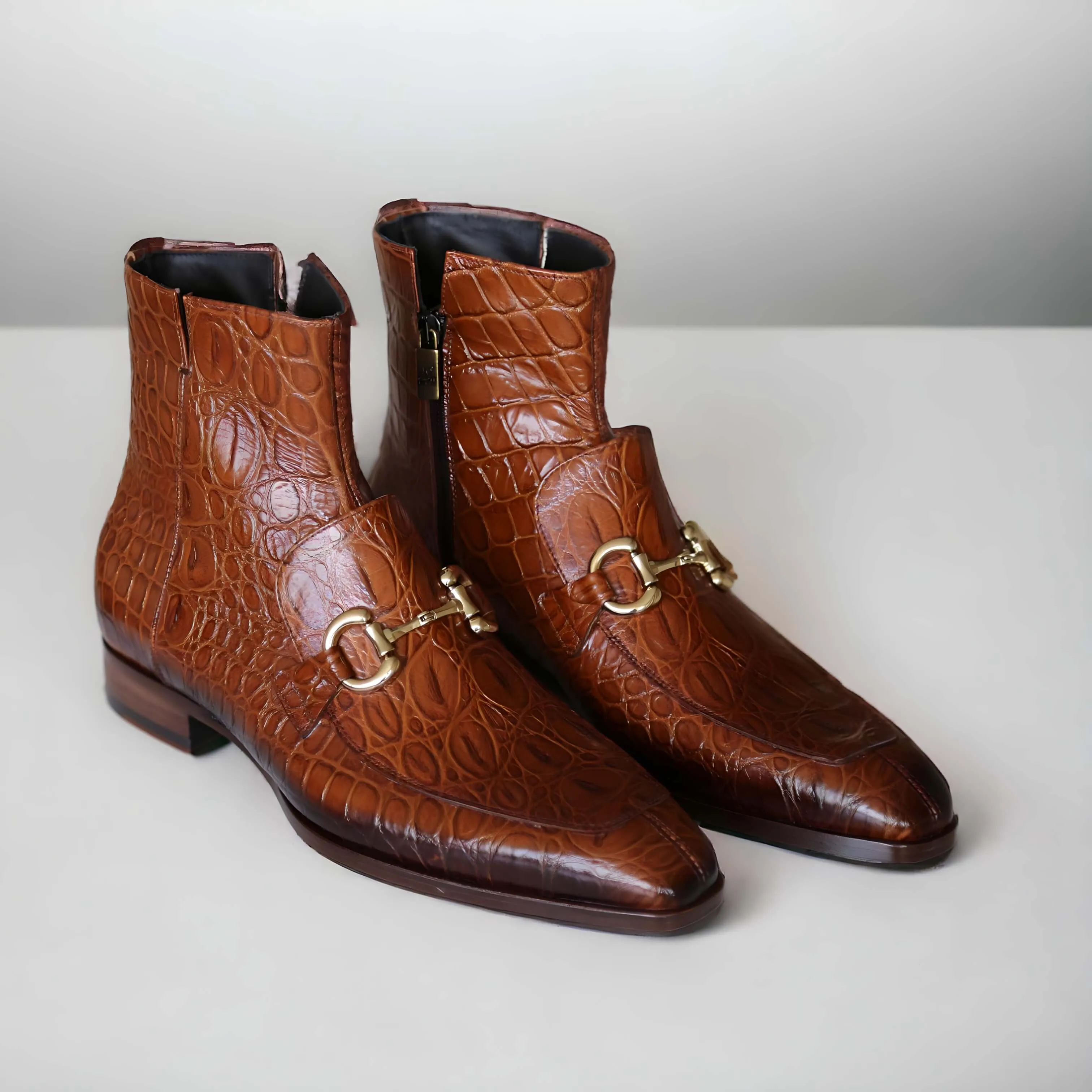 Handmade Custom Crocodile Print Leather Horse Bit Boots For Men