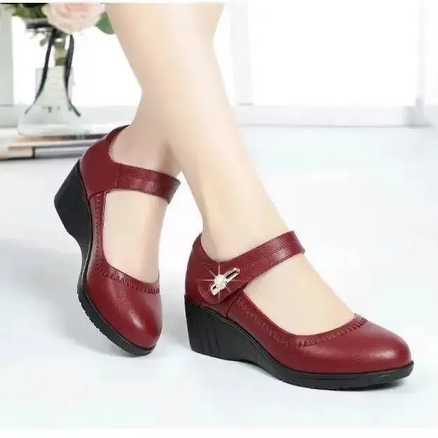 Hnzxzm High Quality Genuine Soft Leather Soled Shoes Spring New Soft Soled Anti Slip Wedge Shoes for Middle Aged and Elderly People