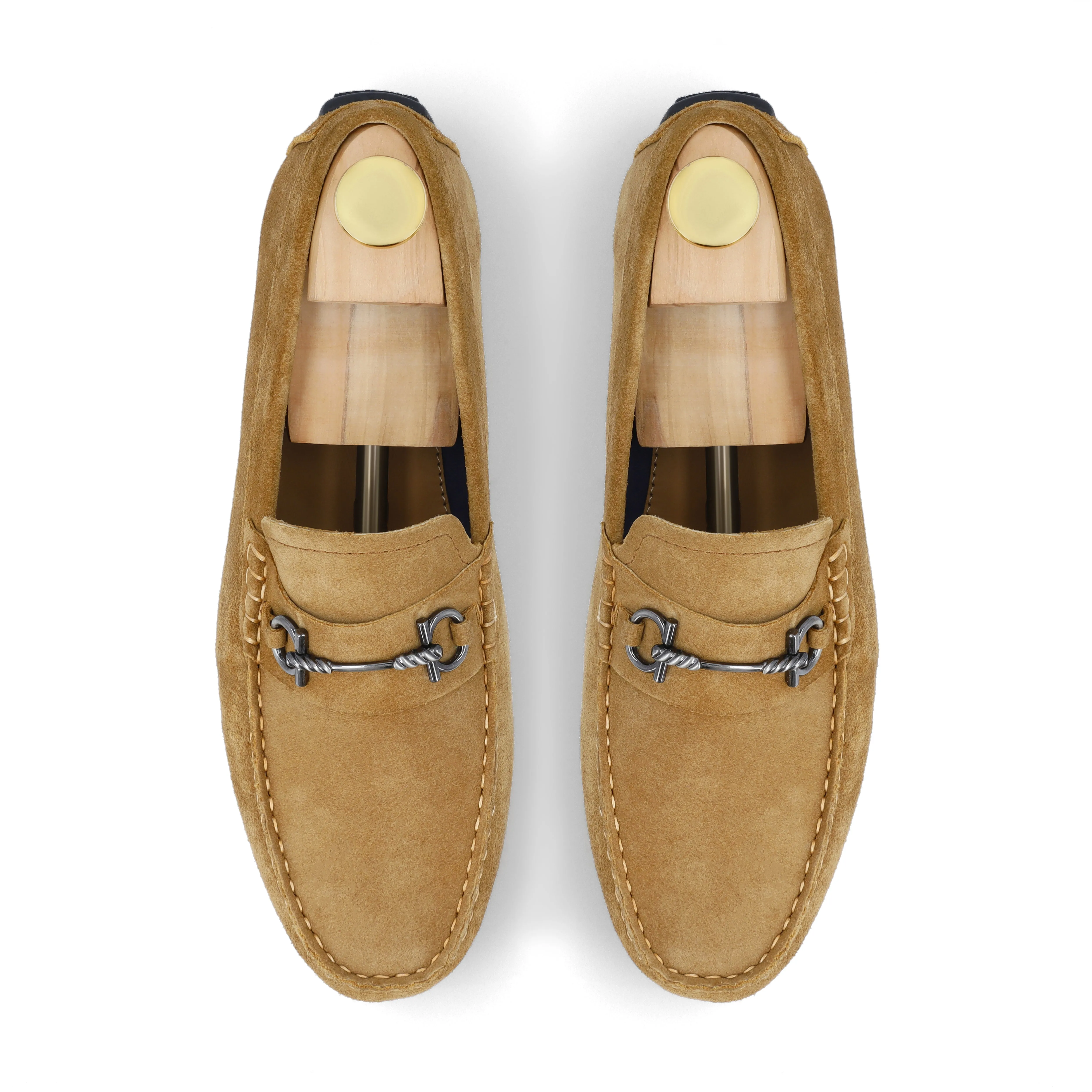 Horse Bit Buckled  Suede Moccasins - Beige