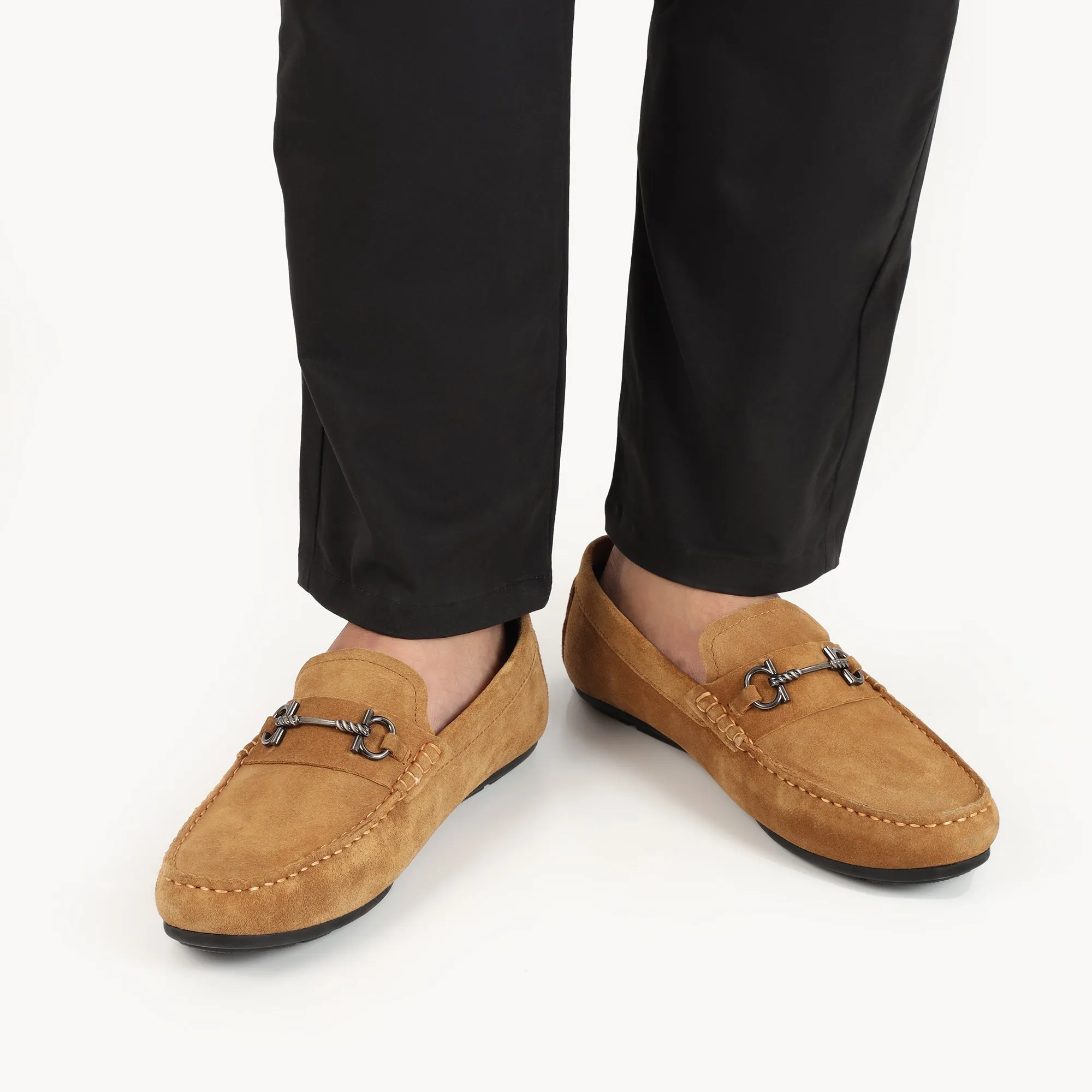 Horse Bit Buckled  Suede Moccasins - Beige