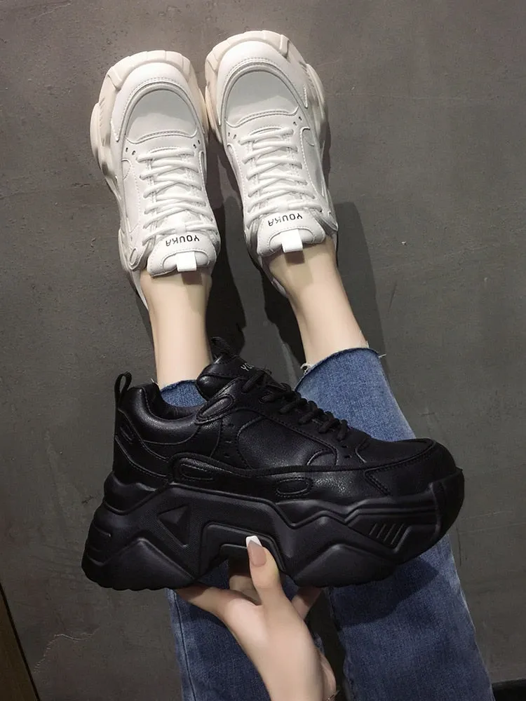 Joskaa  Women Platform Sneakers Leather Casual Ladies Chunky Shoes 2024 White Woman High Black Fashion Brand Thick Soled Wedge Sneakers