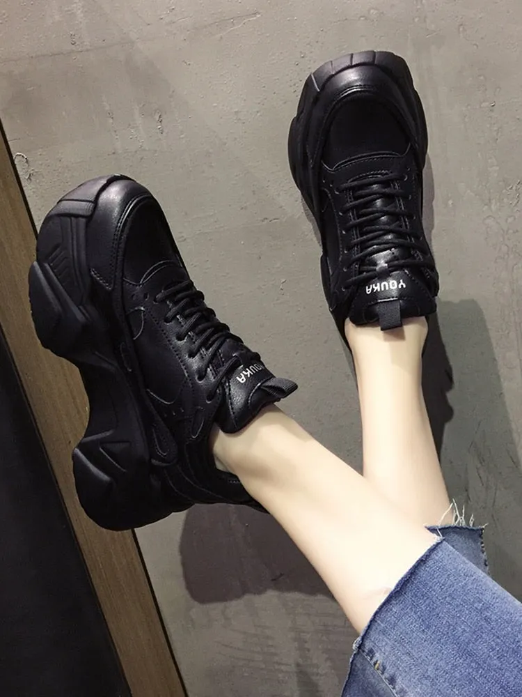 Joskaa  Women Platform Sneakers Leather Casual Ladies Chunky Shoes 2024 White Woman High Black Fashion Brand Thick Soled Wedge Sneakers