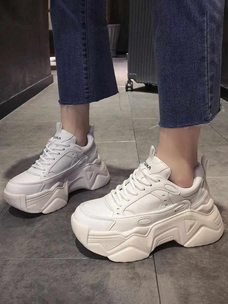 Joskaa  Women Platform Sneakers Leather Casual Ladies Chunky Shoes 2024 White Woman High Black Fashion Brand Thick Soled Wedge Sneakers