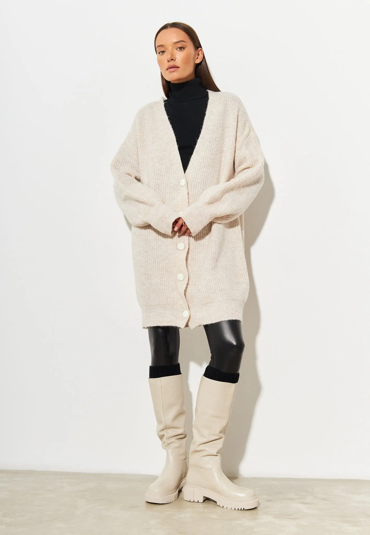 Leather Knee High Boots Anastasia - Beige
