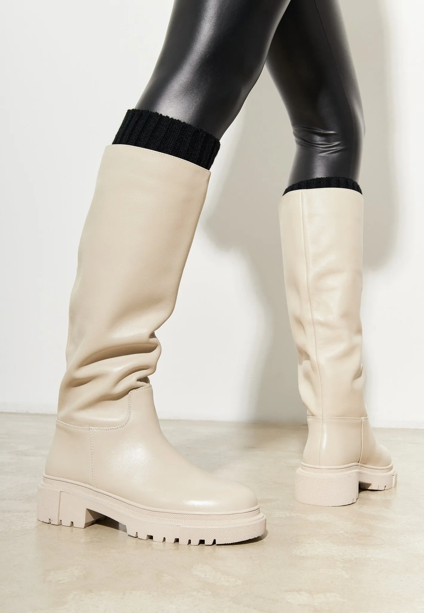 Leather Knee High Boots Anastasia - Beige