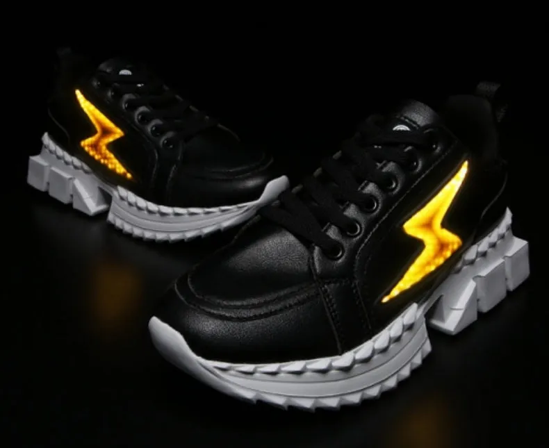 Lightning Print Led Lace-Up Thick-Soled Casual Shoes