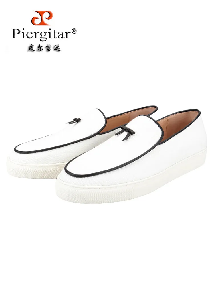 New European and American style white canvas men's casual sneakers, handmade leather bow tie, one-legged thick-soled popular low-top shoes