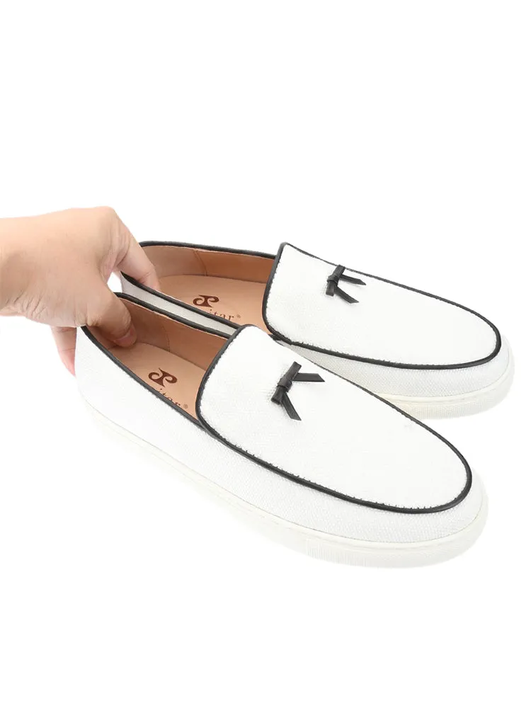 New European and American style white canvas men's casual sneakers, handmade leather bow tie, one-legged thick-soled popular low-top shoes