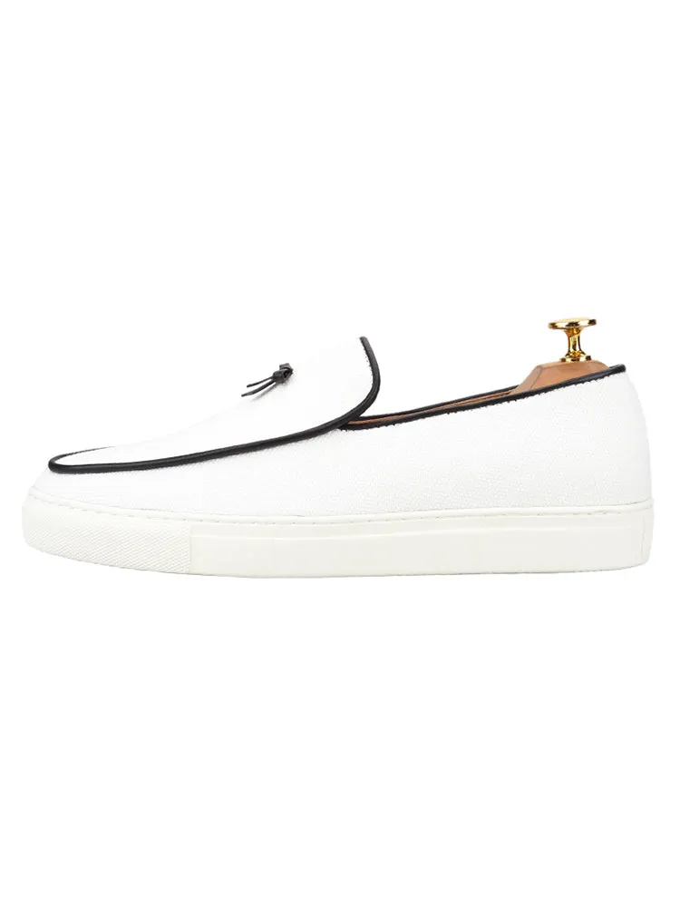 New European and American style white canvas men's casual sneakers, handmade leather bow tie, one-legged thick-soled popular low-top shoes