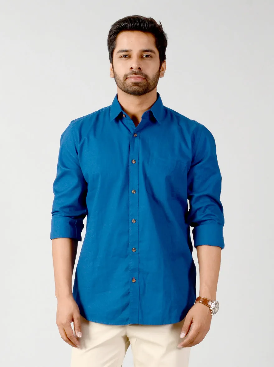 Petrol Blue Solid Slim Fit Casual Shirt | JadeBlue