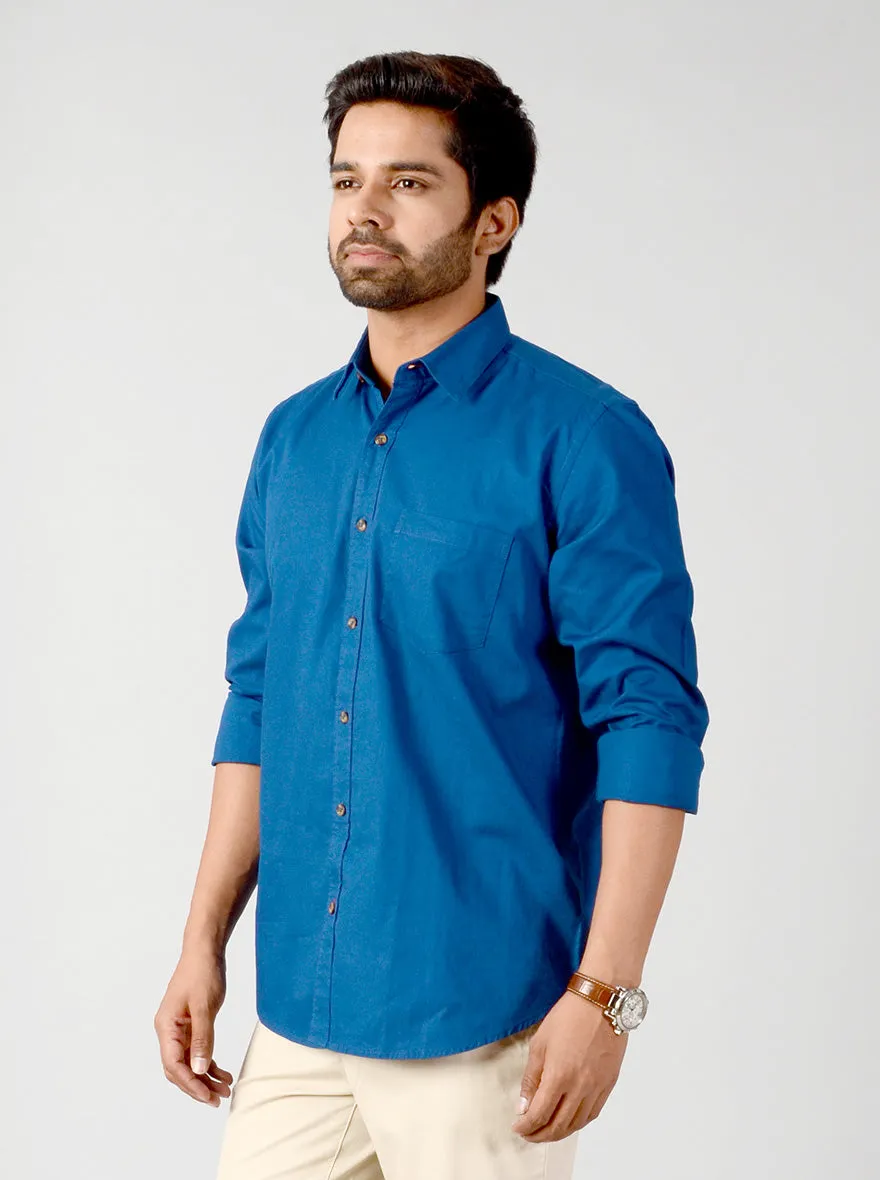 Petrol Blue Solid Slim Fit Casual Shirt | JadeBlue