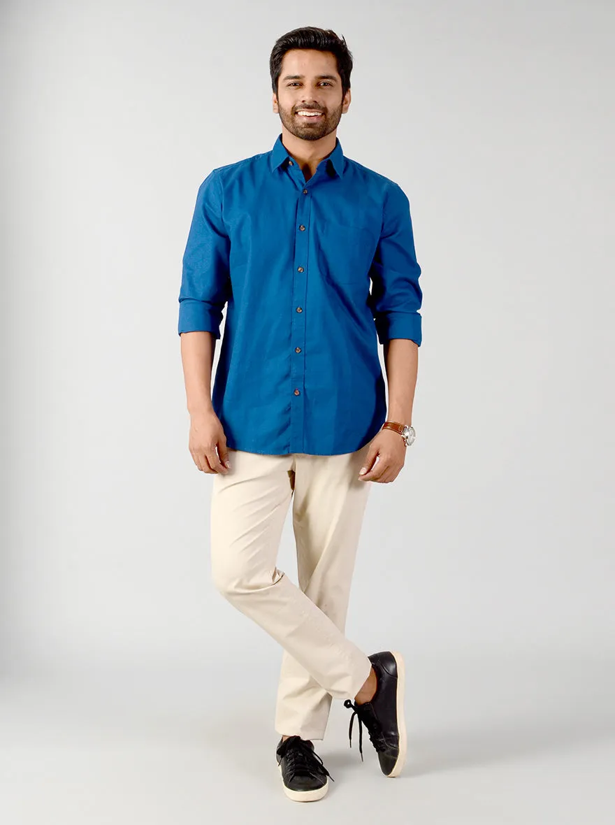 Petrol Blue Solid Slim Fit Casual Shirt | JadeBlue