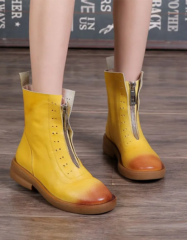 Retro Leather Thick-soled Zipper Front Short Boots
