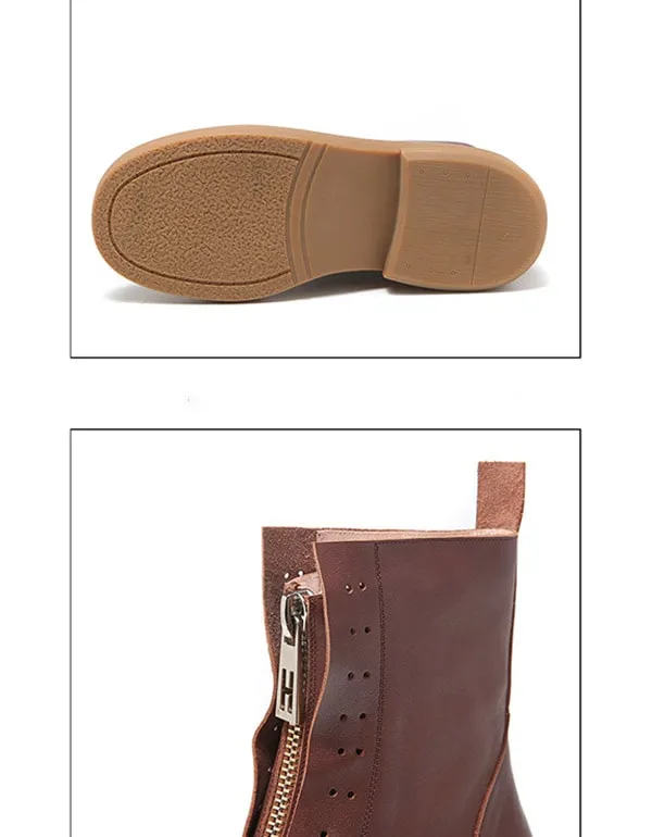 Retro Leather Thick-soled Zipper Front Short Boots