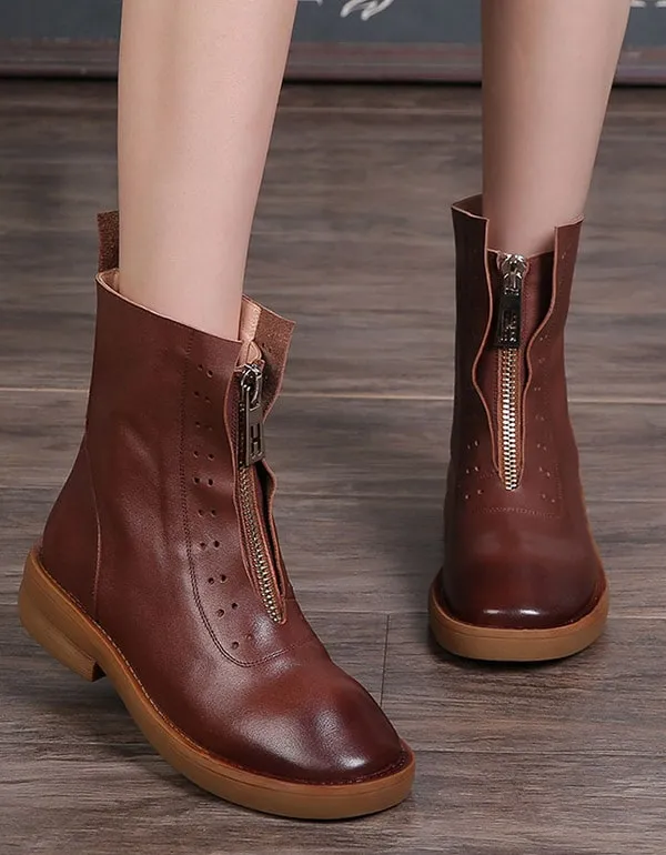 Retro Leather Thick-soled Zipper Front Short Boots