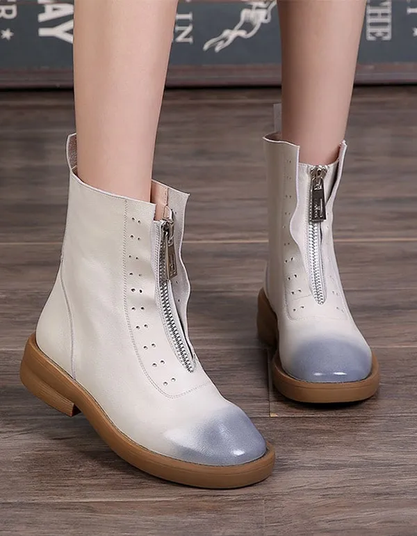 Retro Leather Thick-soled Zipper Front Short Boots
